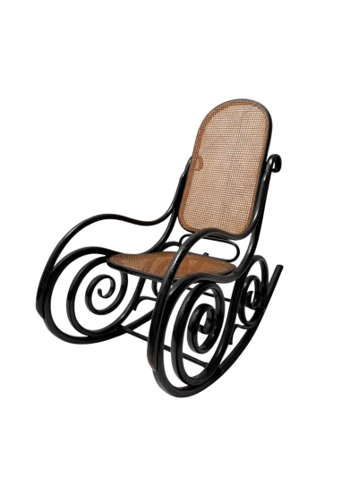 Thonet Art Nouveau Rocking Chair, Black Lacquered Beech, Wicker Seat